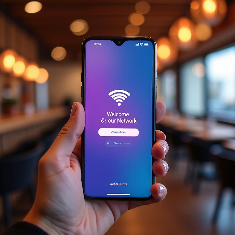 Hand holding a smartphone showing a custom branded guest Wi-Fi splash page for a boutique hotel